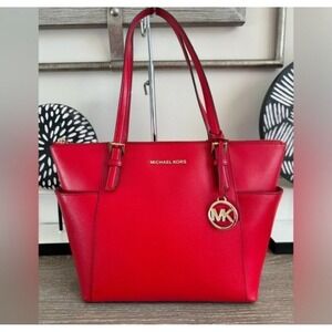 Michael Kors Jet Set Travel Red Saffiano Leather Tote Bag Gold Hardware
